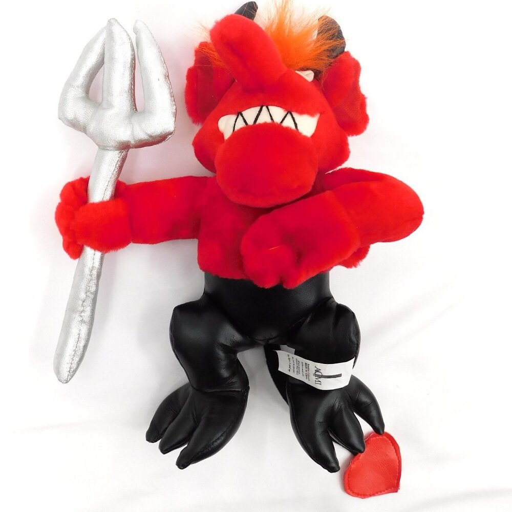 Vintage ACMI Red Devil with Silver Pitchfork and Orange Hair Novelty Plush Toy